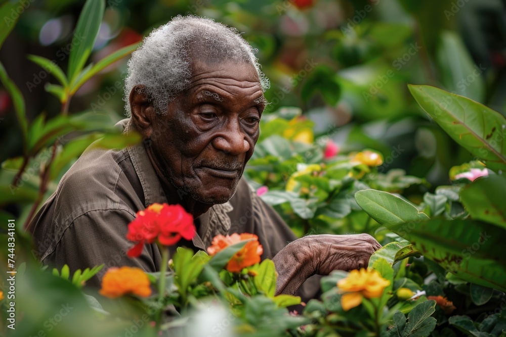 Obraz premium Elderly man with contemplative gaze tending to garden blooms