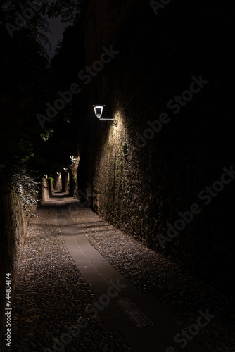 dark cobbled street within the castle walls 