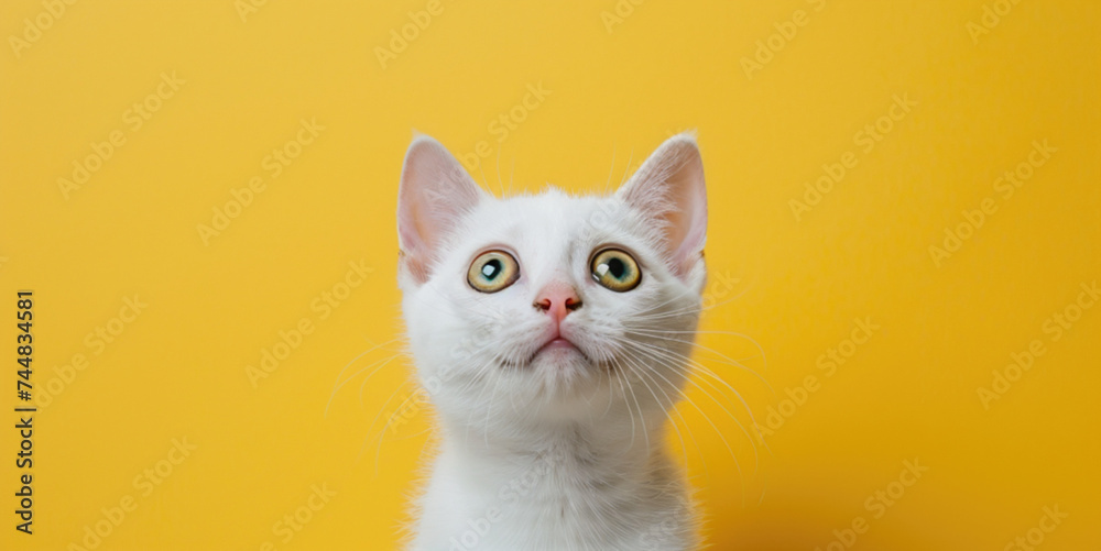 White cat looking up on a yellow studio background