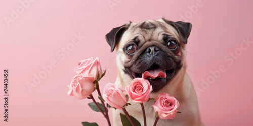 A pug looks at the camera from behind a bouquet of roses. Holiday greeting concept