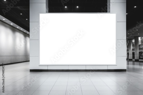 Empty large billboard in a spacious mall interior with bright lighting. Blank Billboard in Modern Shopping Mall © Оксана Олейник
