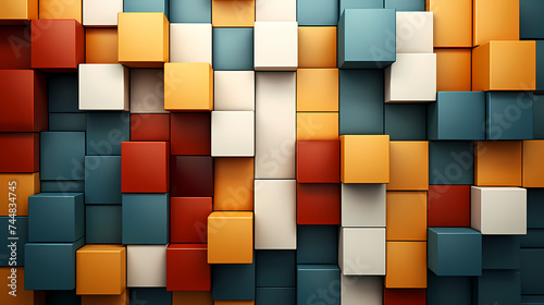 Abstract geometric block wall in warm and cold contrasting colors, abstract geometric background