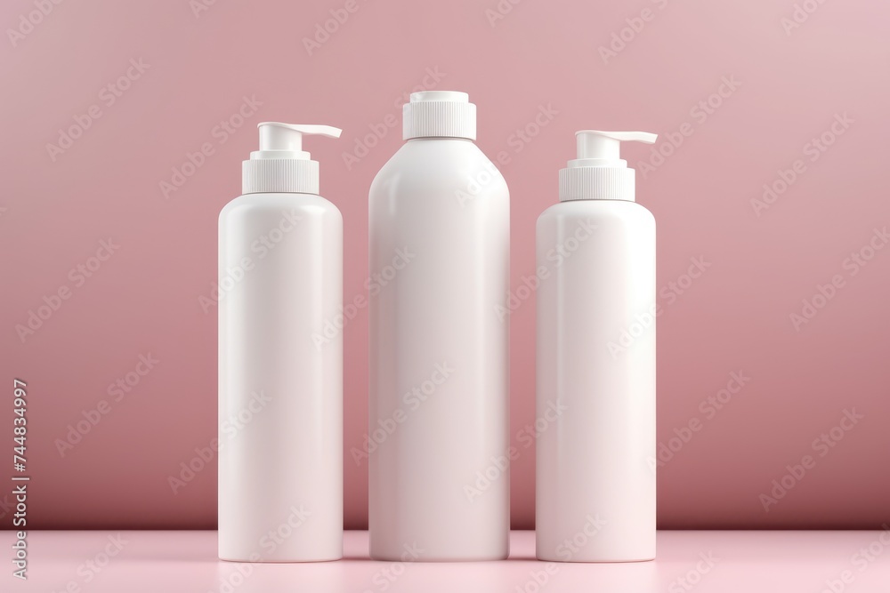 Three white blank bottles for beauty products on a pastel pink backdrop. Blank Beauty Product Bottles on Pink Background Three white blank bottles for beauty products on a pastel pink backdrop. Blank Beauty Product Bottles on Pink Background