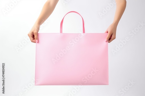 Close-up of female hands presenting a pink shopping bag on a clean background.