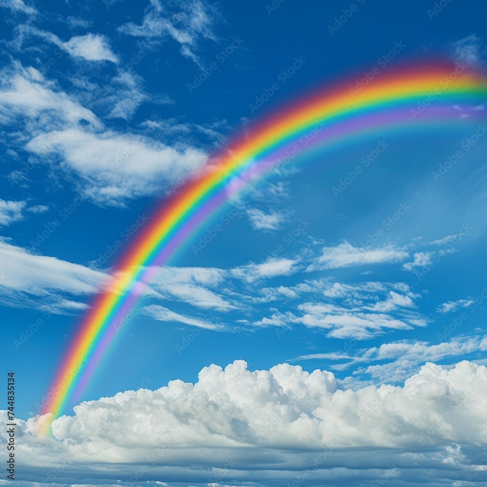 Bright Rainbow Arcing Across Blue Sky and Clouds Bright Rainbow Arcing Across Blue Sky and Clouds