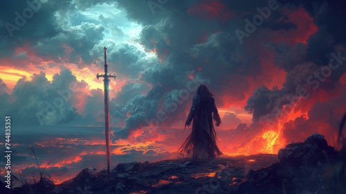 Apocalyptic Fantasy Landscape with Figure and Cross