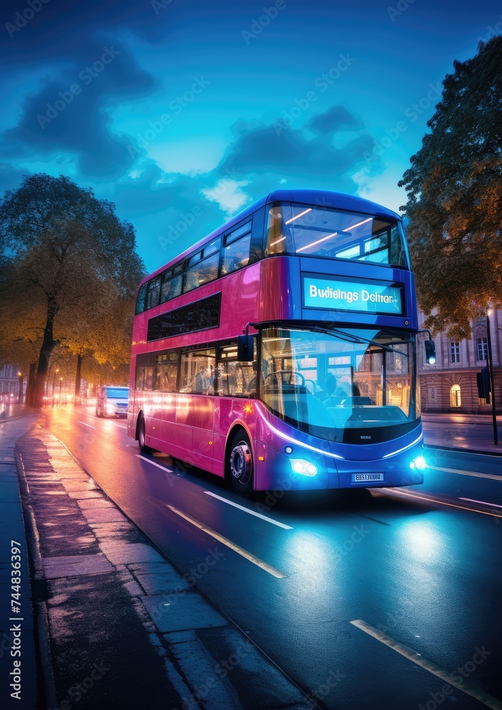 Fototapeta premium Modern bus is transporting passengers during night on holiday. Generative Ai.