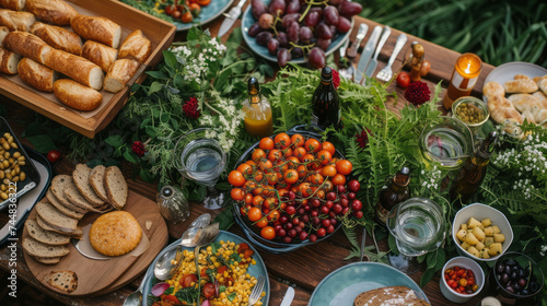 Big family garden party. Glasses of wine, large plates and bowls with vegetables, fruits, berries, greenery and bread on wooden table. Family lunch.