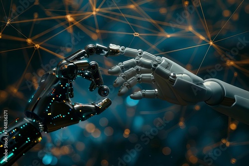 Ai and machine learning concept Showing the interaction between human and robot hands against a backdrop of digital data connections.