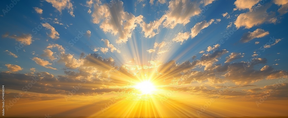 Sun Rays Bursting Through Partly Cloudy Sky, A Majestic Sunrise or Sunset Creating Radiant Light Patterns