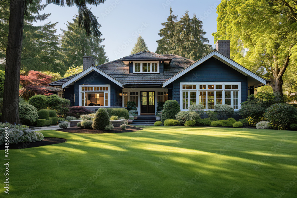 A classic American country house with a green lawn in front of the house. Generated by artificial intelligence