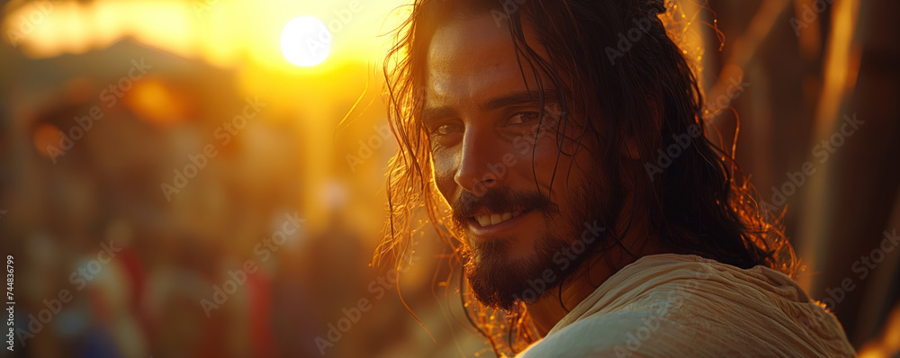 An illustration of Jesus Christ, smiling with the sunrise in the background An illustration of Jesus Christ, smiling with the sunrise in the background