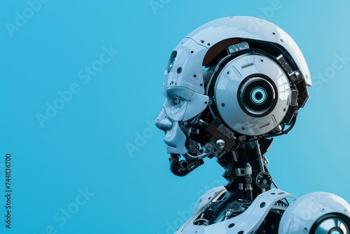 Artificial intelligence concept of a robot's side view Integrating futuristic technology with human-like traits Set against a blue background. © Lucija