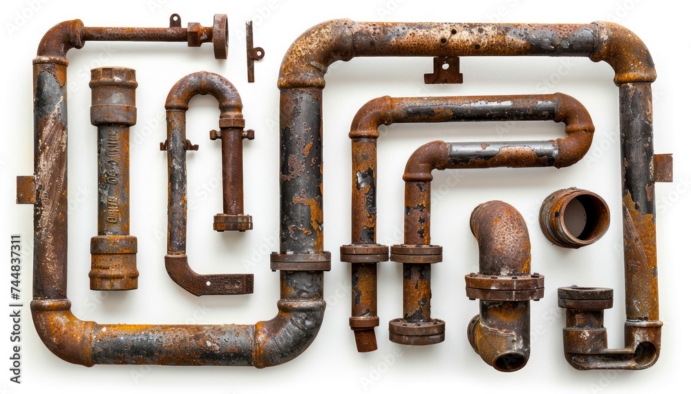 Fototapeta premium Old weathered pipes, metal metal pipes, rusty pipes, overhead photo of weathered pipes, rusty old pipes