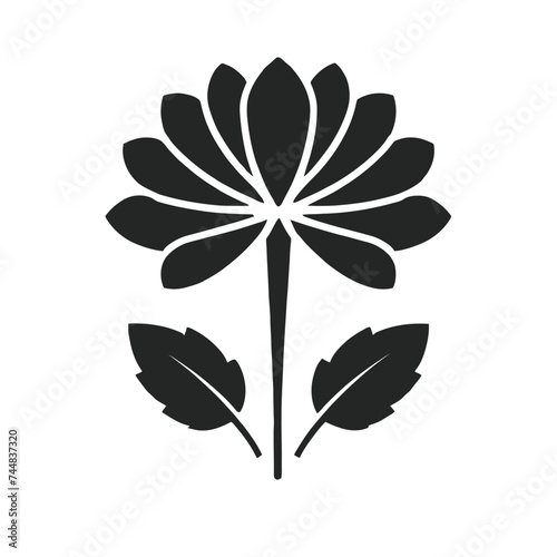 Black flat icon of chrysanthemum flower with curved sprig and leaf. Big Bloom with big oval petals and white core. separated on white. Vector-based artwork. eco-friendly fashion. symbol of nature.