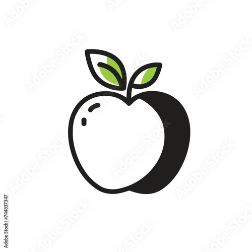 Apple with leaf icon on a black line. Isolated flat pictogram on white background. Vector-based artwork. Healthy food logo.