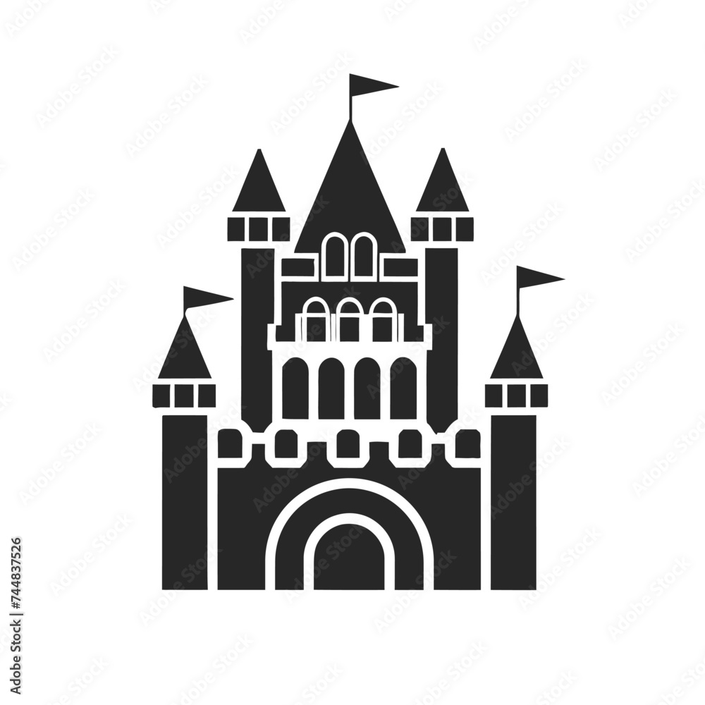 Icon of black castle. Tower, fortress. fairy tale, magic, fantasy logo. Holiday. Vector illustration isolated on white