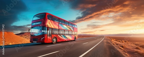 Modern bus is transporting passengers in mountains with sunset on holiday, banner. Generative Ai.