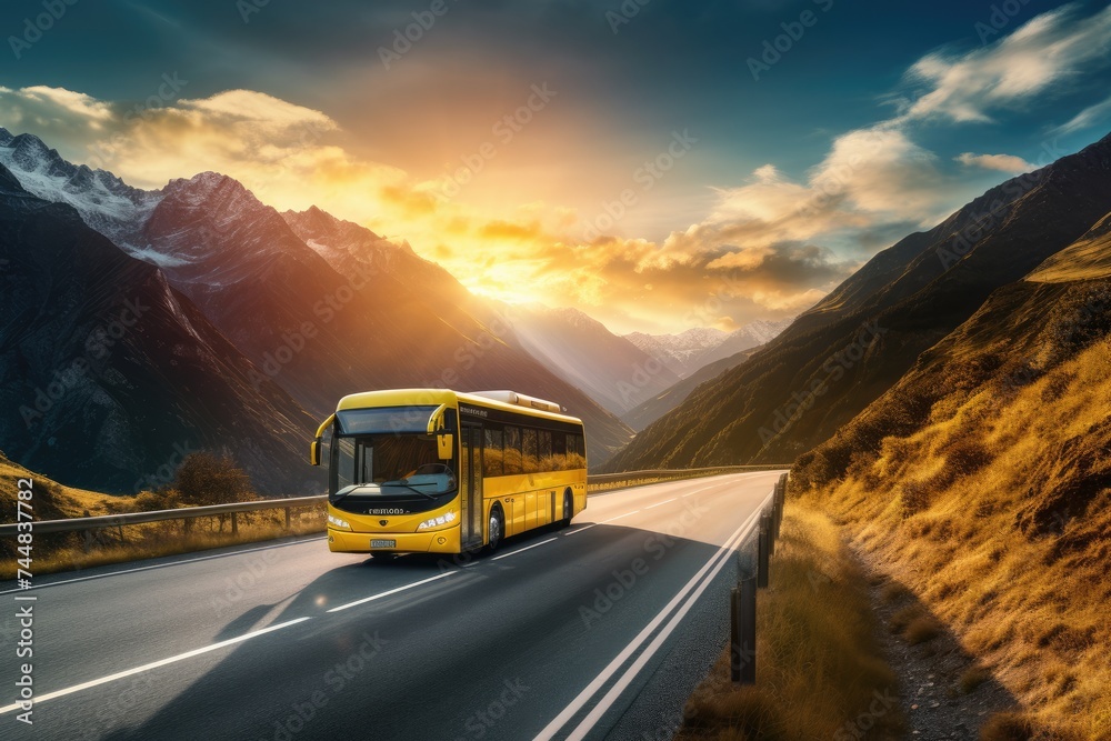 Modern bus is transporting passengers in mountains with sunset on holiday. Generative Ai.