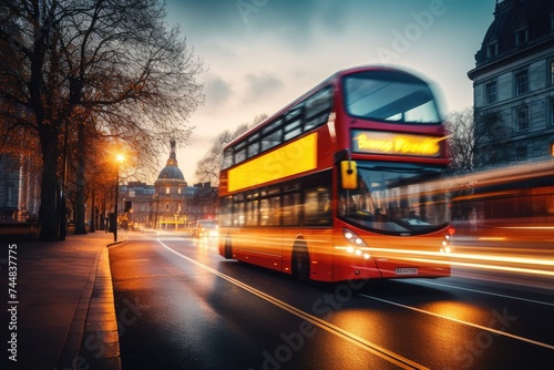 Modern bus is transporting passengers in city with sunset, long exposure. Generative Ai.