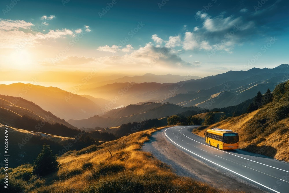 Modern bus is transporting passengers in mountains with sunset, long exposure. Generative Ai.