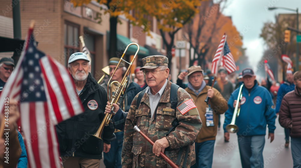 Veterans march down the street, accompanied by the stirring melodies of a brass band, as onlookers wave flags and salute, celebrating the legacy of service and sacrifice