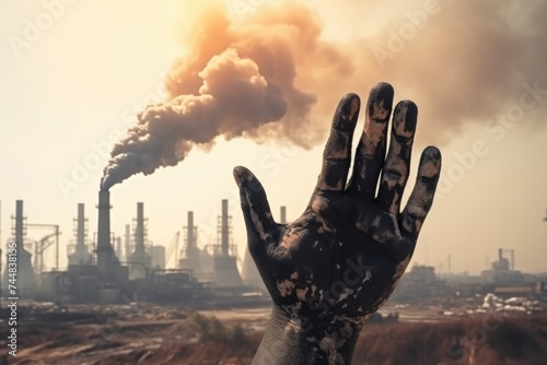 Hand covered in soot with smokestacks behind. Hand Against Pollution