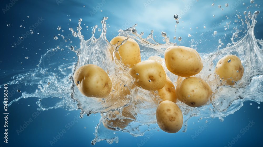 A cluster of fresh potatoes caught in a burst of crystal-clear water, ideal for highlighting organic farming, freshness in produce markets, and healthy eating campaigns. High quality illustration - obrazy, fototapety, plakaty 