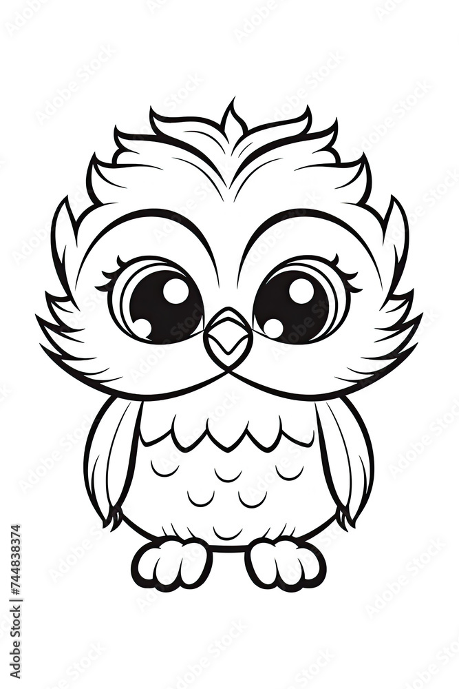 Detailed black and white drawing of an owl with large eyes, showcasing intricate patterns and textures