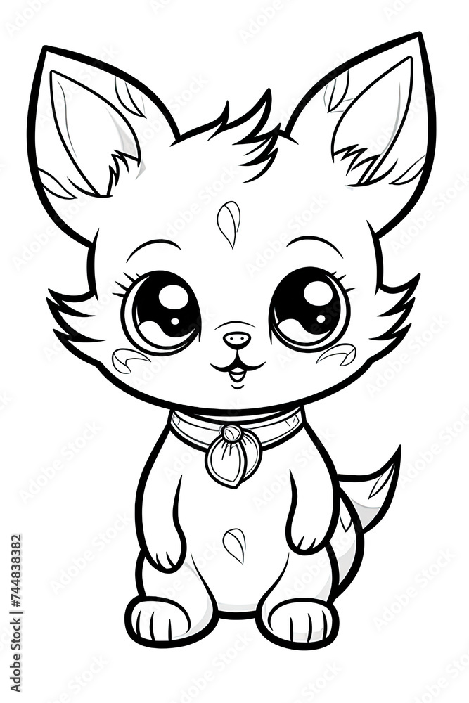 Cartoon cat with large expressive eyes wearing a collar around its neck Cartoon cat with large expressive eyes wearing a collar around its neck