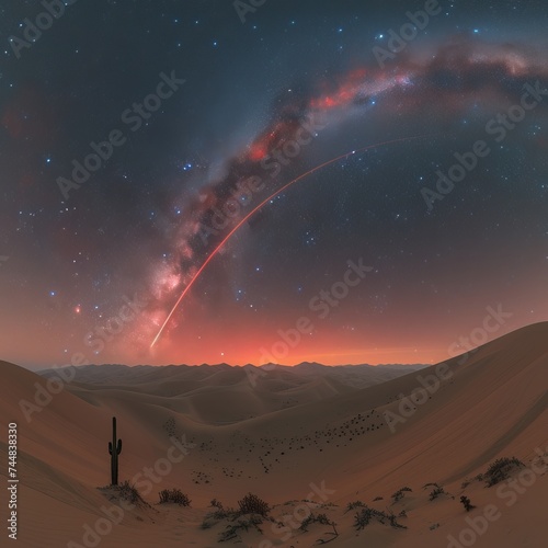 Desert Night with Red Milky Way Arc and Starry Sky