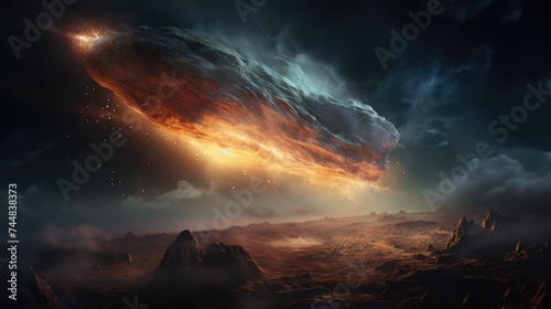 Asteroid collision with planet Earth realistic illustration view from space. A huge asteroid flying towards planet Earth. Galaxy and space  end of the world  doomsday  cosmic danger  fantasy.