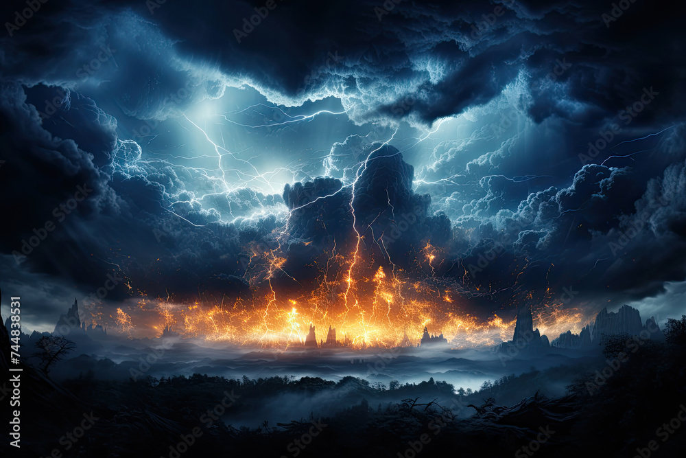 Brooding sky crackles with lightning amidst heavy clouds in a dramatic natural display of power and energy