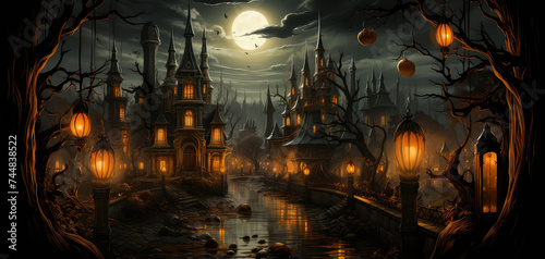 Painting depicting a dark city illuminated by numerous lanterns. The cityscape is filled with glowing lights, creating a mysterious and atmospheric scene