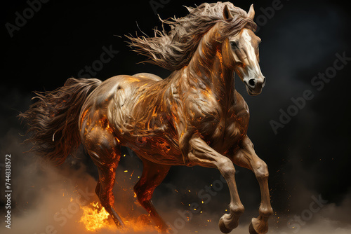 Brown horse galloping through a fiery field