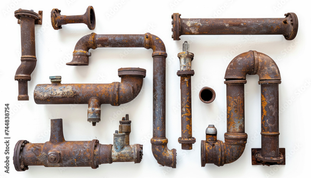 Old weathered pipes, metal metal pipes, rusty pipes, overhead photo of weathered pipes, rusty old pipes