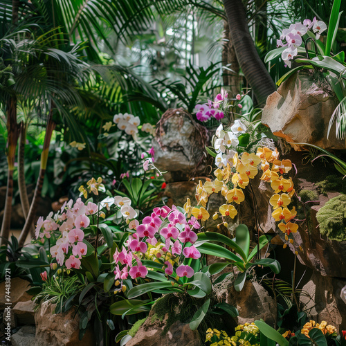 Lush Orchid Display in Tropical Greenhouse