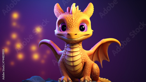 Image of cute yellow dragon on purple background