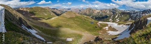 Mountain vista panorama with deep tundra valley in the summer afternoon