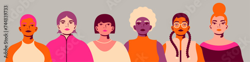 Six women of different cultures standing together. Women's friendship, union of feminists or sisterhood. The illustration of the female empowerment movement. The International Women's Day.