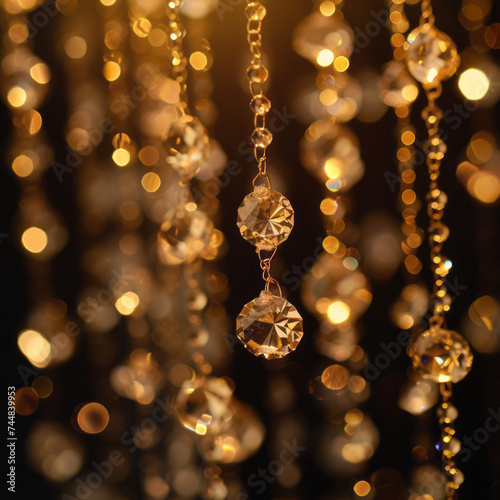Close-up of crystal pendants of luxurious chandelier. Noble crystal rhinestones with glare of warm light. Shallow depth of field, blurred background.