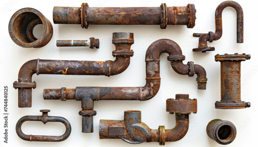Fototapeta premium Old weathered pipes, metal metal pipes, rusty pipes, overhead photo of weathered pipes, rusty old pipes