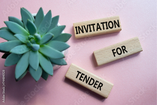 Invitation for Tender symbol. Concept words Invitation for Tender on wooden blocks. Beautiful pink background with succulent plant. Business concept. Copy space.
