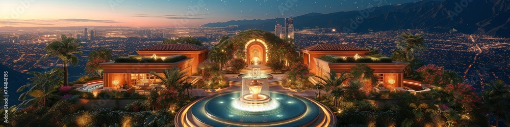 Grand Villa with Fountain at Twilight Overlooking City Lights