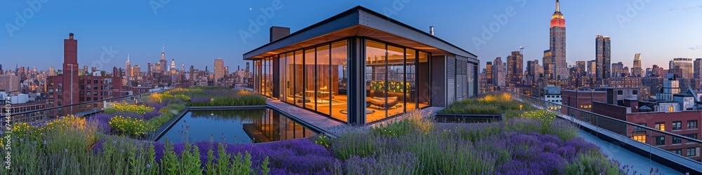 Panoramic View of Modern Glass House on Urban Rooftop Garden