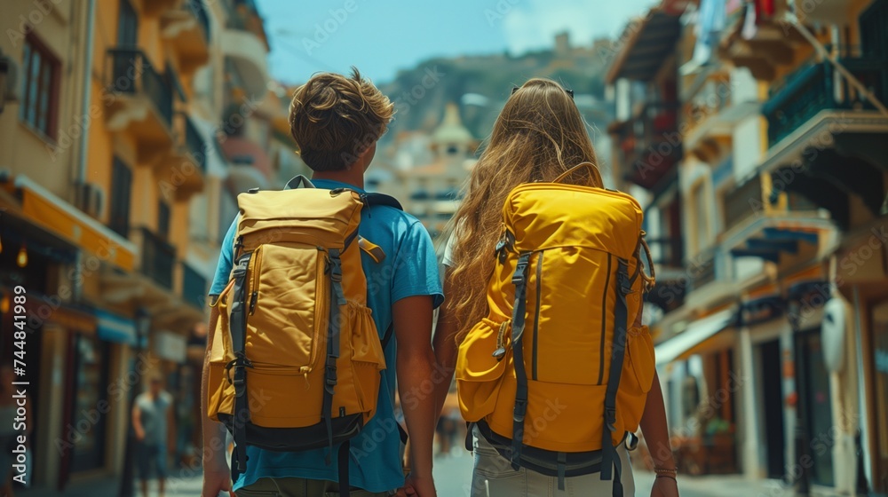 Two pedestrians with backpacks stroll through the city streets