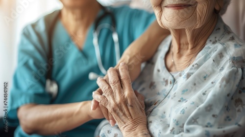 Elderly female hand holding hand of young caregiver at nursing home.Geriatric doctor or geriatrician concept. Doctor physician hand on happy elderly senior patient to comfort in hospital examination photo