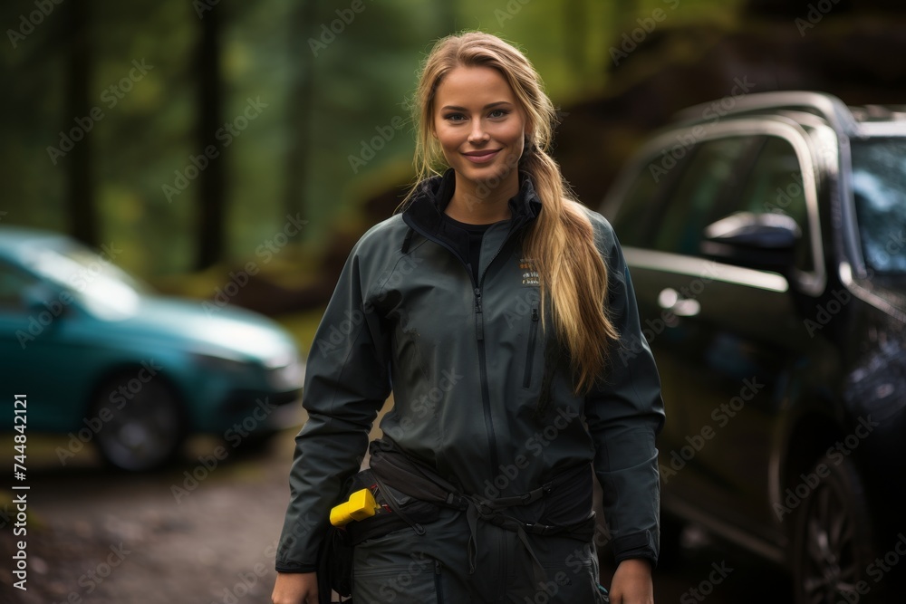 Stylish woman in a fashionable black jumpsuit striking a pose in a serene and enchanting forest location, standing elegantly beside a vintage car, emanating an aura of self-assurance and happiness.