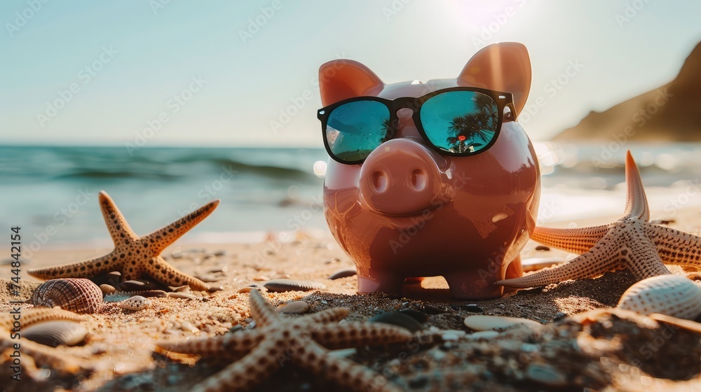 Piggy Bank With Sunglasses On The Beach Holiday