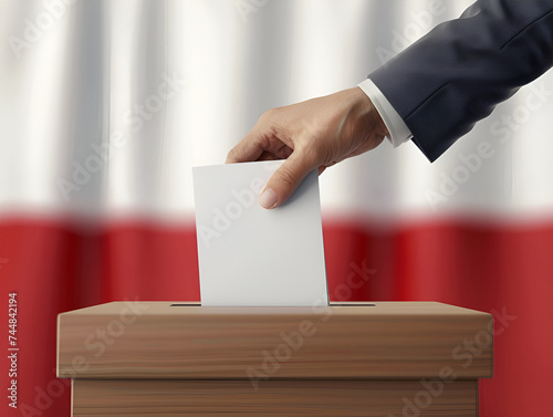 Election participation with a hand dropping a vote into a transparent container, Poland flag representing the nation
